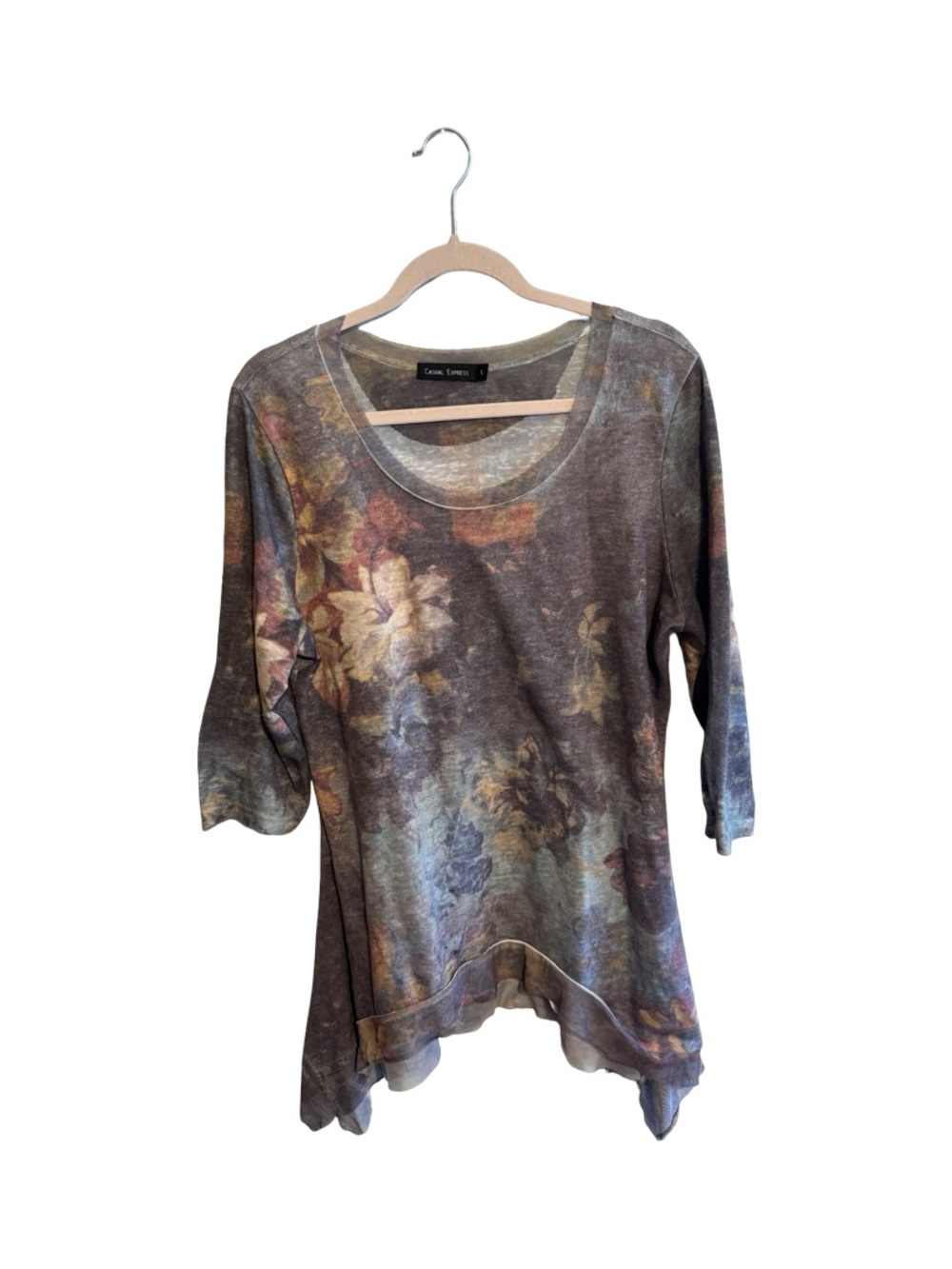 Casual Express Fairy Grunge Floral Tunic Top Women’s Large Gray Mesh Trim